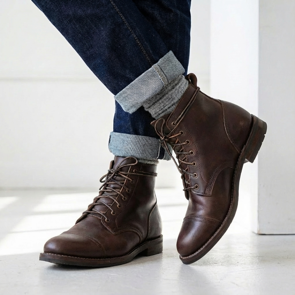 Stylish men's distressed dark brown lace-up ankle boots with classic cap toe design, versatile fashion footwear.