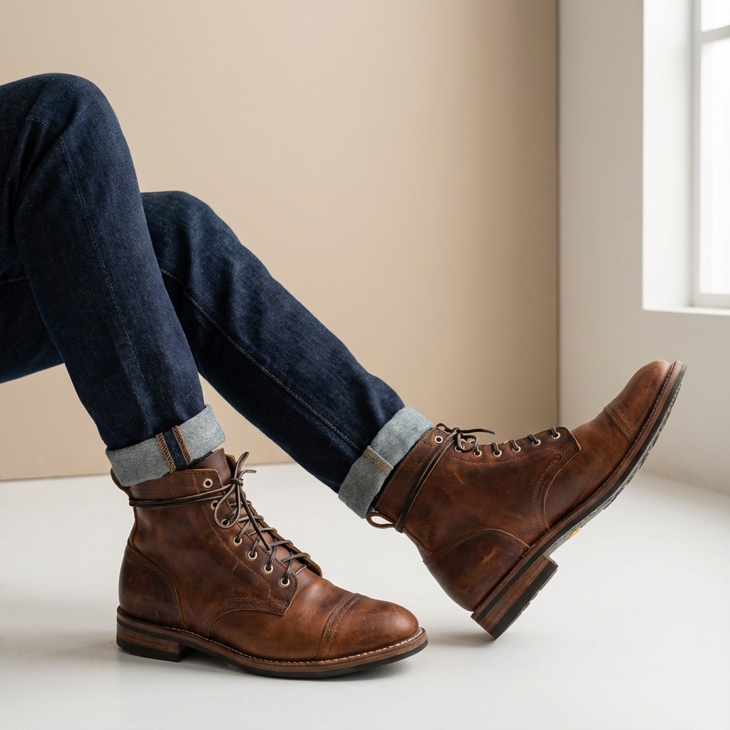 Fashionable men's distressed lace-up cap toe ankle boots, offering a rugged yet stylish look for any outfit.
