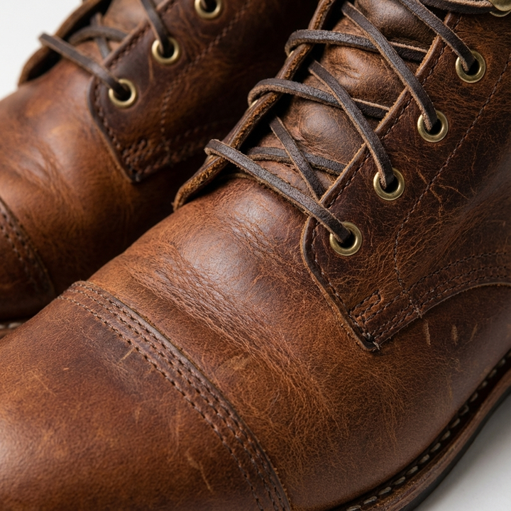 Close-up of men's distressed finish lace-up cap toe ankle boots, showcasing textured leather and rugged design.