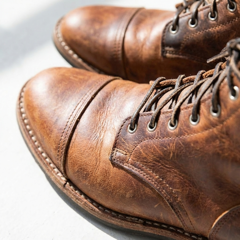 Men's casual lace-up ankle boots featuring a unique distressed finish and elegant cap toe, ideal men's footwear.