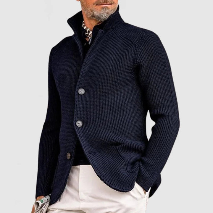 Comfortable men's knit cardigan. Soft, button-front sweater with shawl collar, ideal for casual layering.