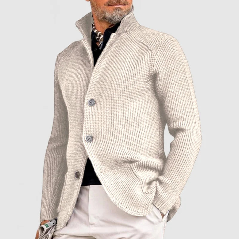 Laurent men's button-front cardigan with a distinctive shawl collar. Cozy knitwear for casual or smart outfits.