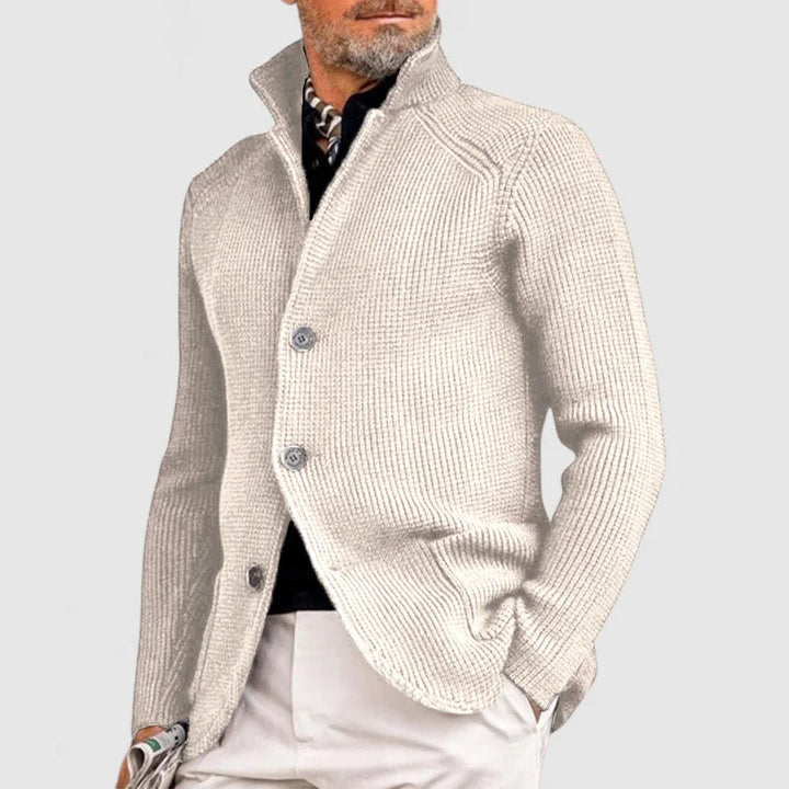 Laurent men's button-front cardigan with a distinctive shawl collar. Cozy knitwear for casual or smart outfits.