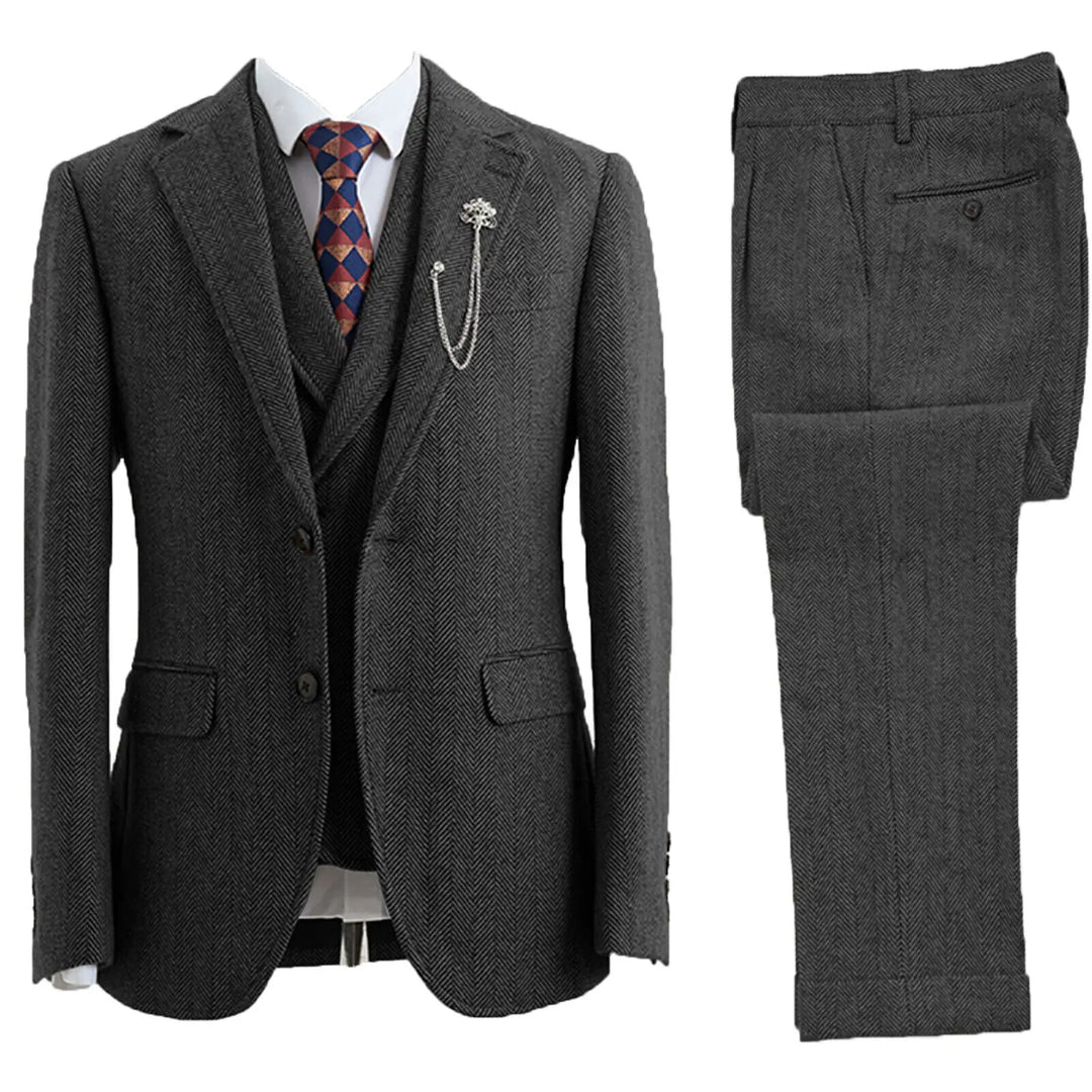 Elegant men's 3-piece herringbone suit, tailored fit for sophisticated formal wear & special occasions.