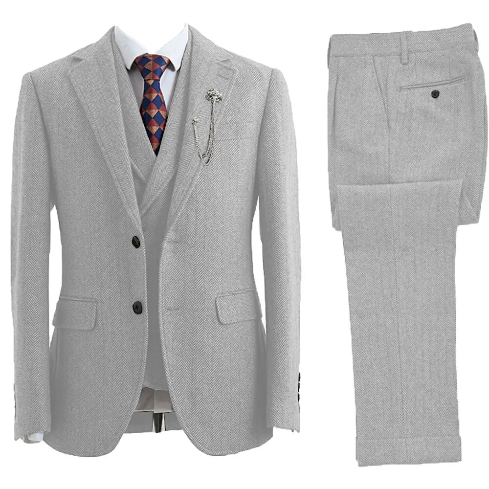 Stylish men's herringbone wedding suit, a perfect 3-piece tailored fit for grooms & formal guests.