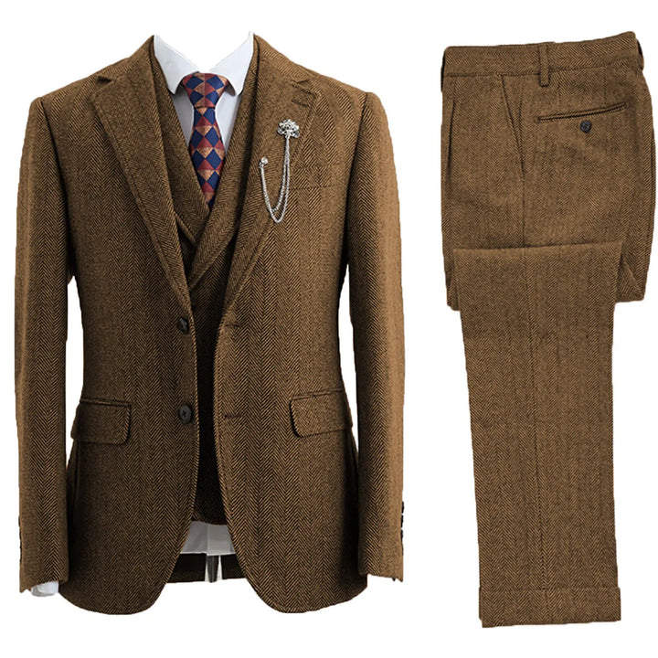 Professional men's 3-piece herringbone business suit, ideal for formal meetings & sophisticated events.