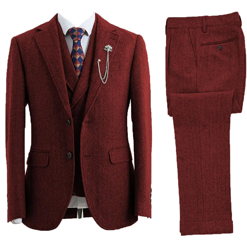 Close-up: Men's tailored 3-piece herringbone suit fabric, showcasing the elegant pattern for formal wear.