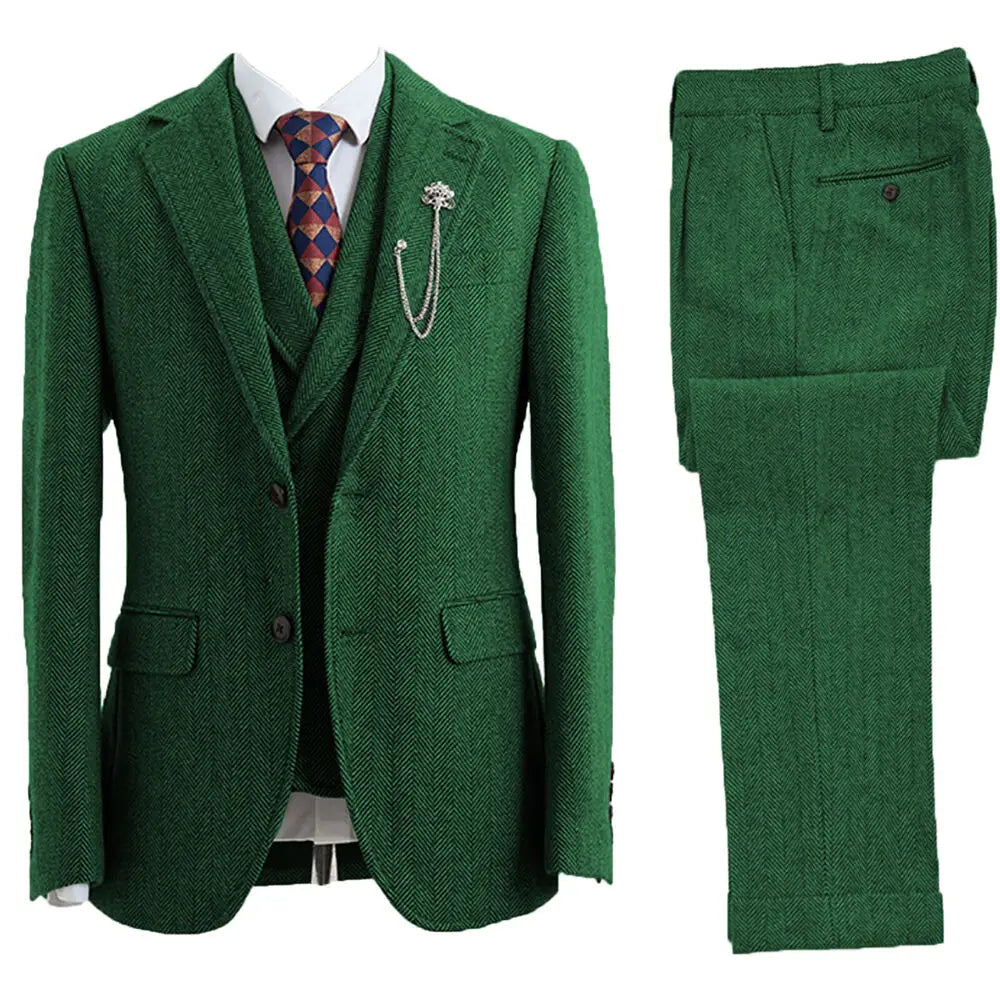 Modern men's 3-piece herringbone suit, a versatile tailored fit for all formal occasions & fashion.
