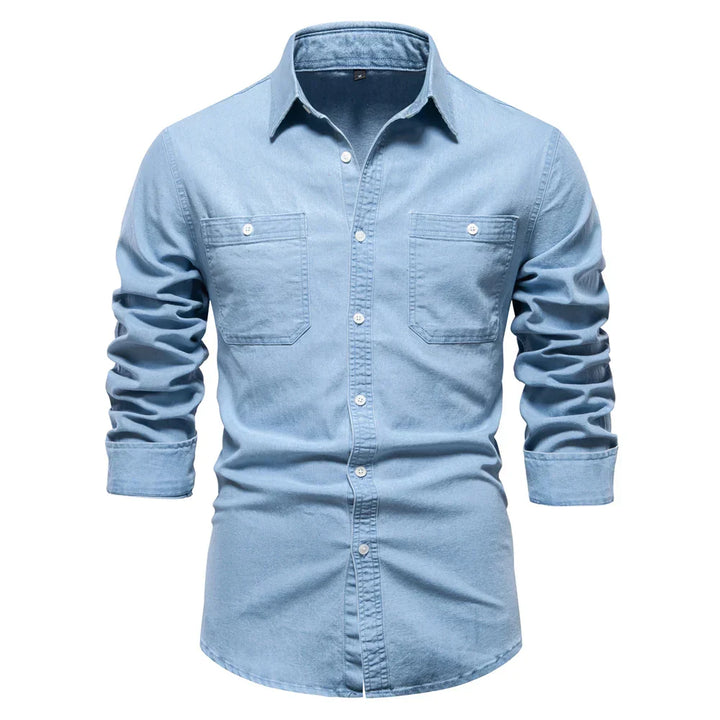 Men's light blue denim button-up shirt, casual long sleeve for versatile mens fashion
