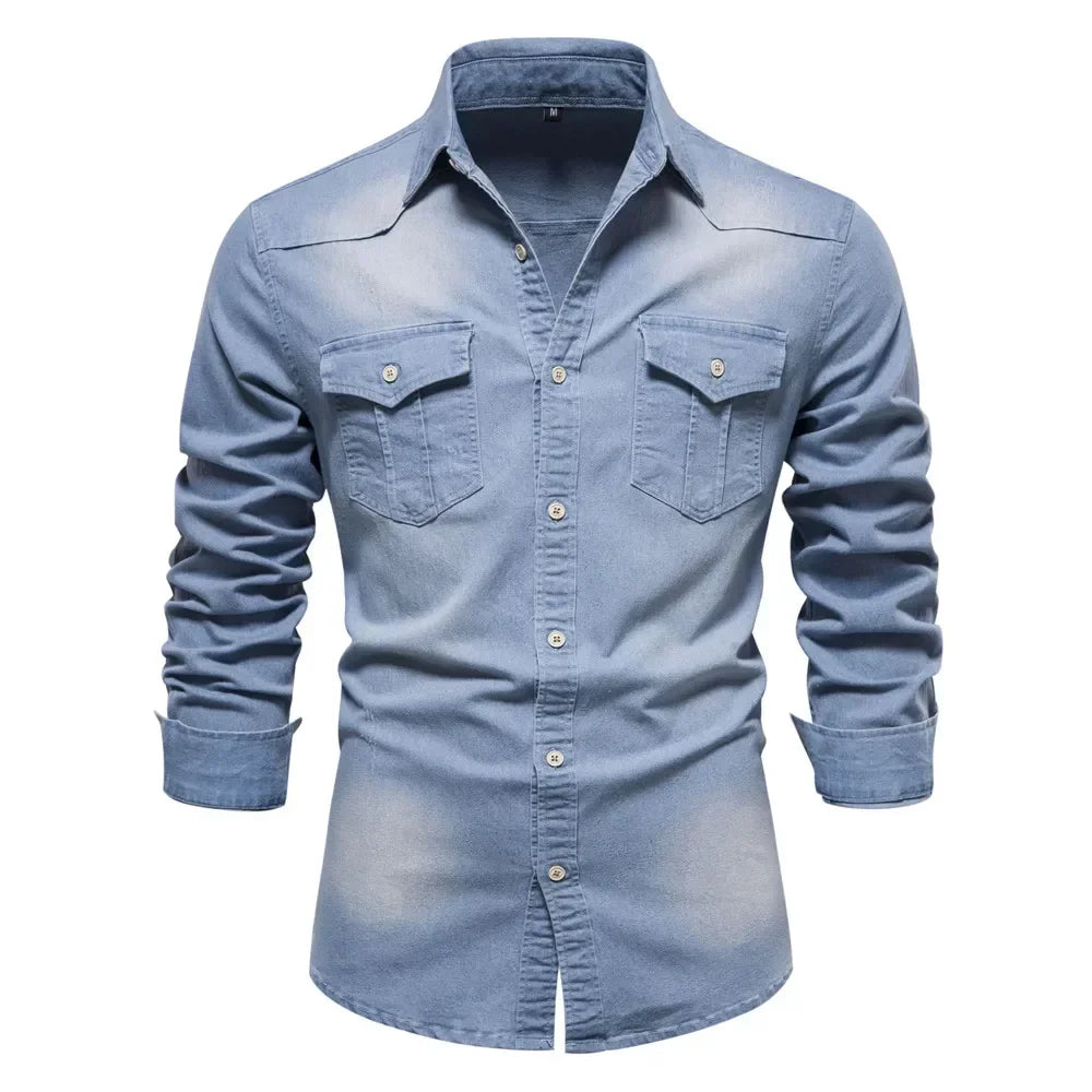 Casual men's long sleeve light blue denim shirt, perfect for everyday style