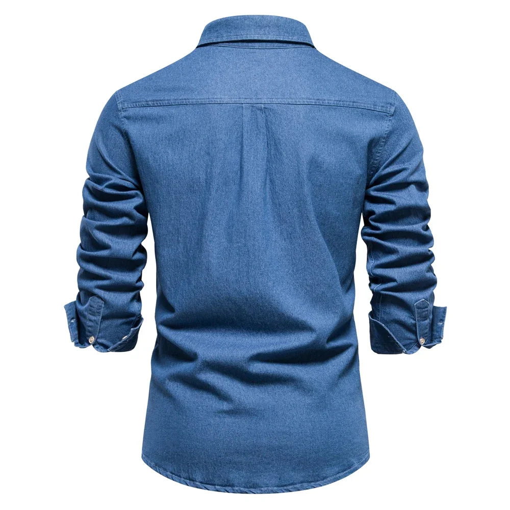 Long sleeve light blue denim button-up shirt, a staple casual shirt for men