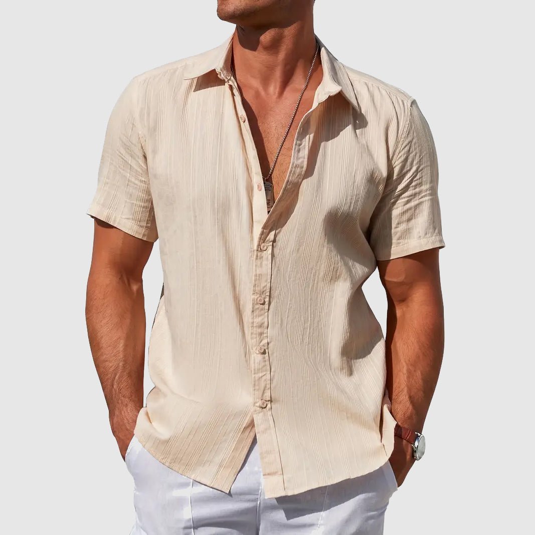 Relaxed men's beige textured short sleeve top, perfect for everyday casual summer outfits.
