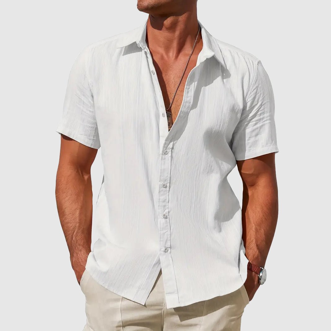 White textured short sleeve button-front top for men, versatile casual summer styling.