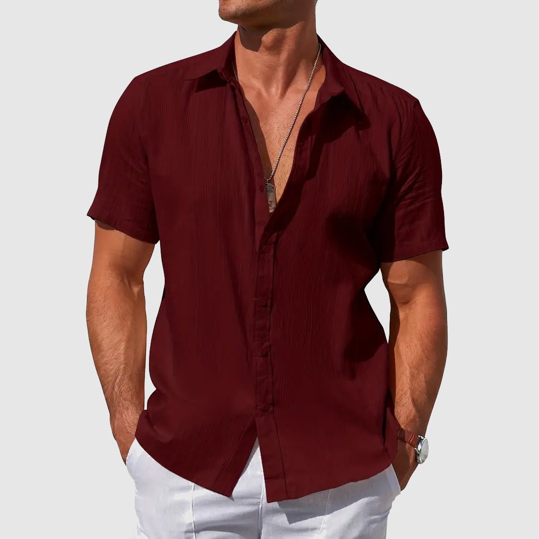 Versatile men's short sleeve button-front top, textured fabric for everyday casual summer looks.