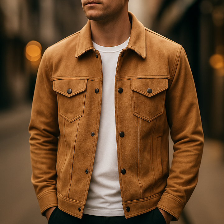 Men's light brown suede button-front jacket for a smart casual fall fashion look