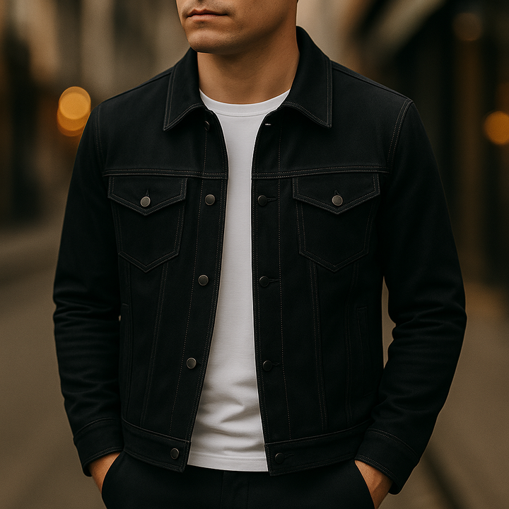 Deep black suede button-front jacket for men, a stylish casual outerwear piece