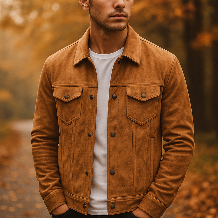 Close-up of a men's suede button jacket texture in light brown, perfect for fall