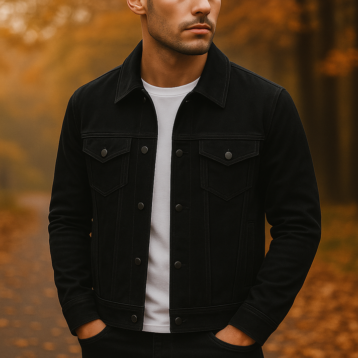 Model wearing a deep black men's suede button-front jacket, embodying smart casual style