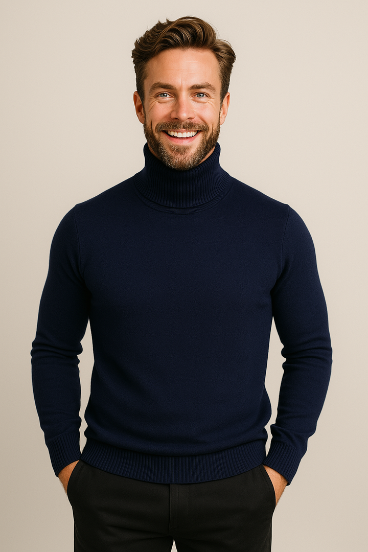 Side profile of a model in a charcoal grey men's pullover turtleneck, ideal spring fashion
