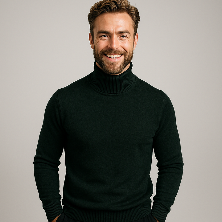 Men's white pullover turtleneck sweater draped, showcasing its spring casual appeal and fabric