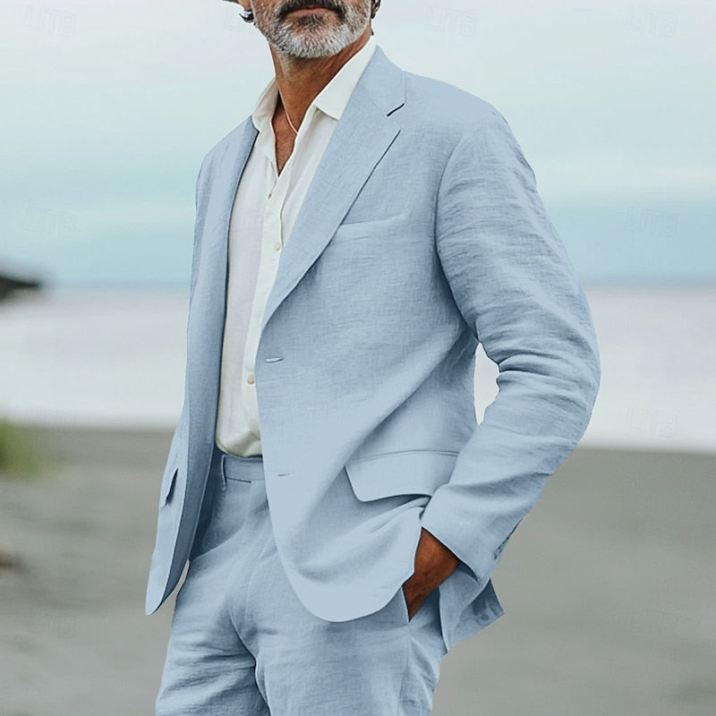 Stylish men's lightweight summer blazer and trousers set, ideal for warm weather weddings, parties, and casual wear.