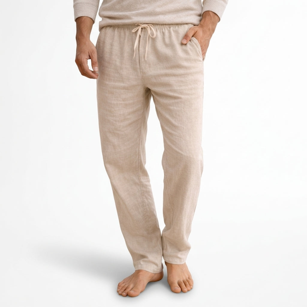 Men's lightweight breathable linen trousers with drawstring, ideal for casual summer comfort & fashion.