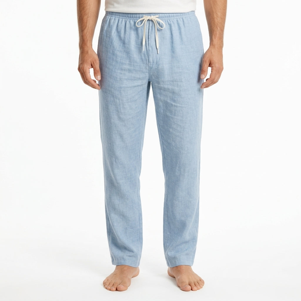 Close-up of the breathable linen fabric on men's casual trousers, highlighting lightweight texture.
