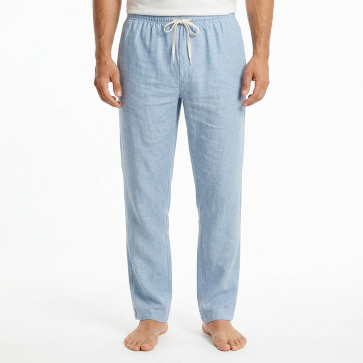 Close-up of the breathable linen fabric on men's casual trousers, highlighting lightweight texture.