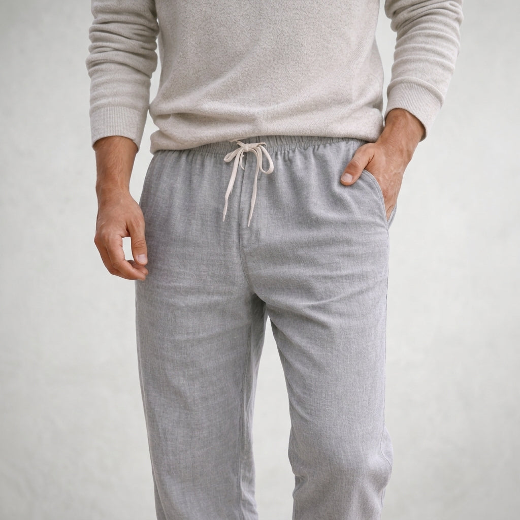 Man wearing stylish men's linen pants, paired casually for comfortable summer wear.