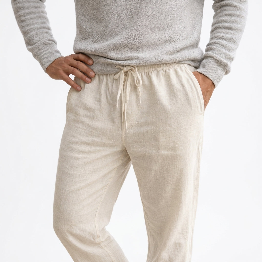 Comfortable men's drawstring linen trousers, perfect lightweight & breathable bottoms for warm weather.