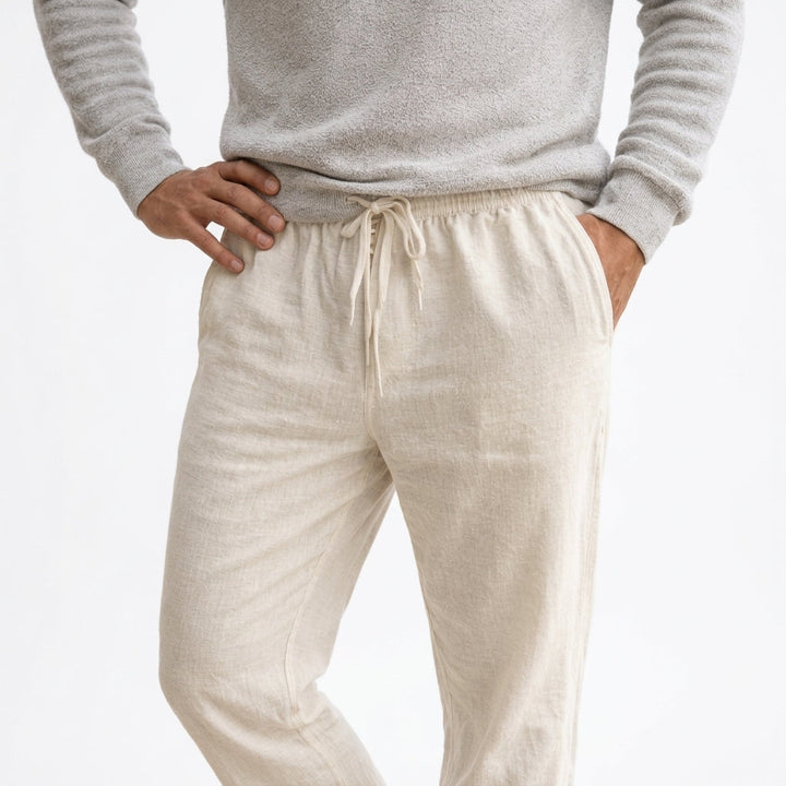 Comfortable men's drawstring linen trousers, perfect lightweight & breathable bottoms for warm weather.
