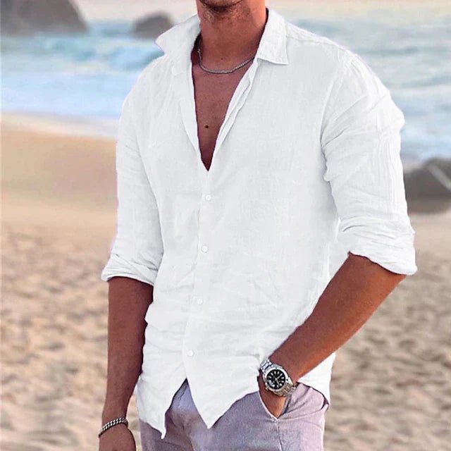 Smart casual men's button-down shirt, regular fit, ideal for summer, travel, & everyday style.
