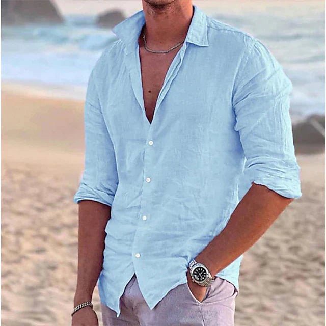 Breathable lightweight men's long sleeve shirt, button-down style, perfect for warm weather & comfort.