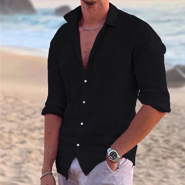 Solid color men's lightweight long sleeve button-down shirt, comfortable & versatile for summer.