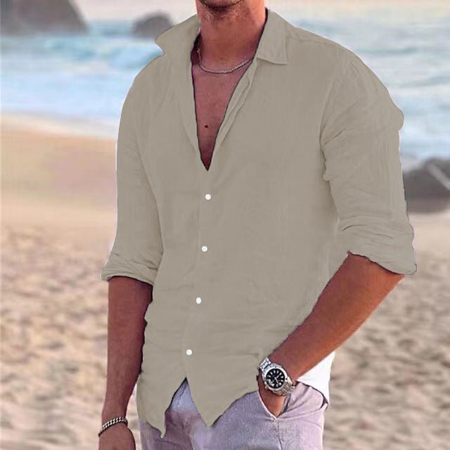 Versatile men's long sleeve button-down shirt, lightweight, perfect for summer, travel, and smart casual outfits.
