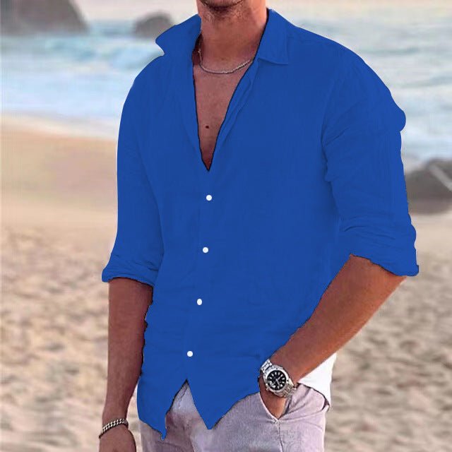 Summer essential men's lightweight button-down shirt, long sleeve, comfortable for warm weather vacations.