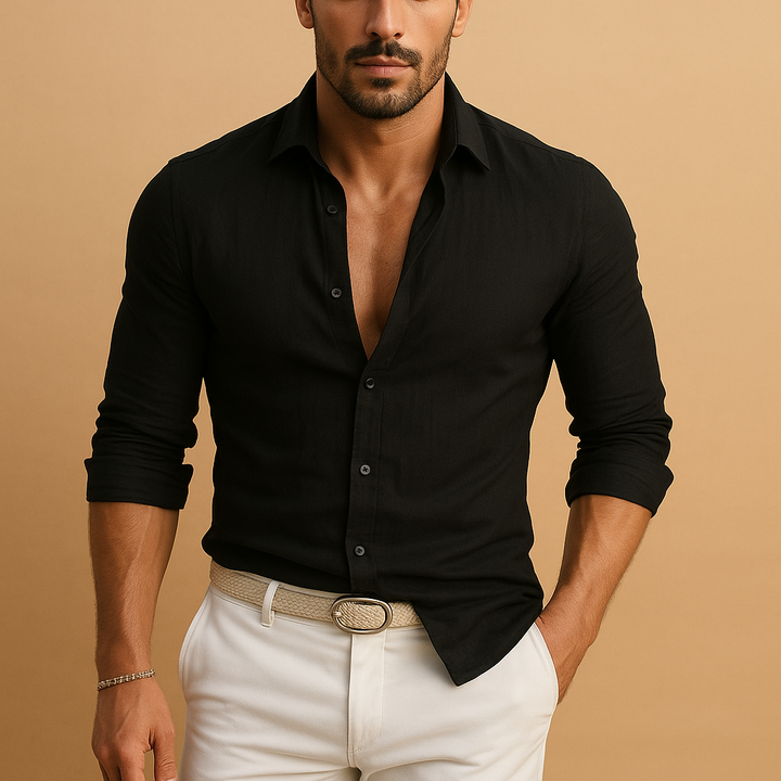 Close-up of men's lightweight button-down shirt fabric, highlighting comfort & breathability. Ideal for summer.