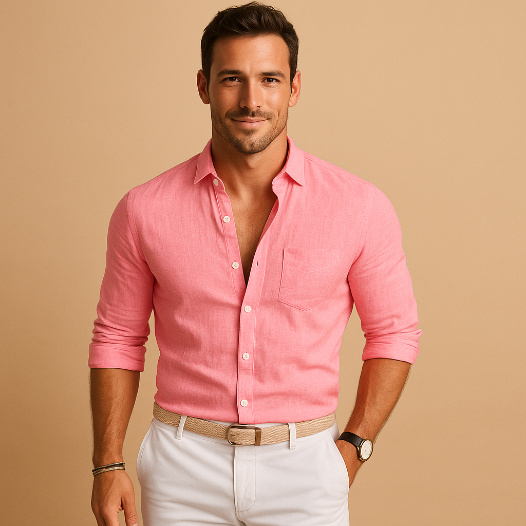 Man wearing a casual lightweight button-down shirt, perfect for relaxed summer days or versatile fashion.