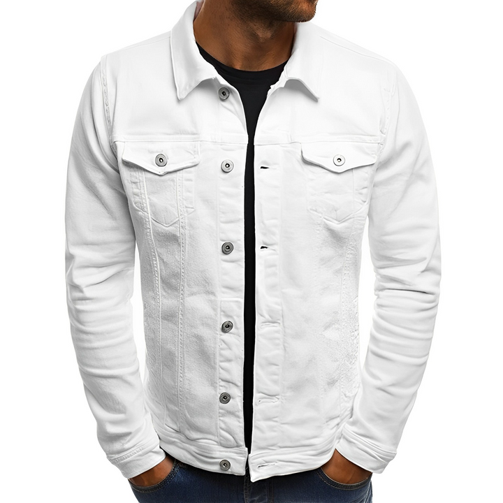Stylish men's button-up denim jacket featuring multi-pockets, perfect lightweight outerwear for summer.