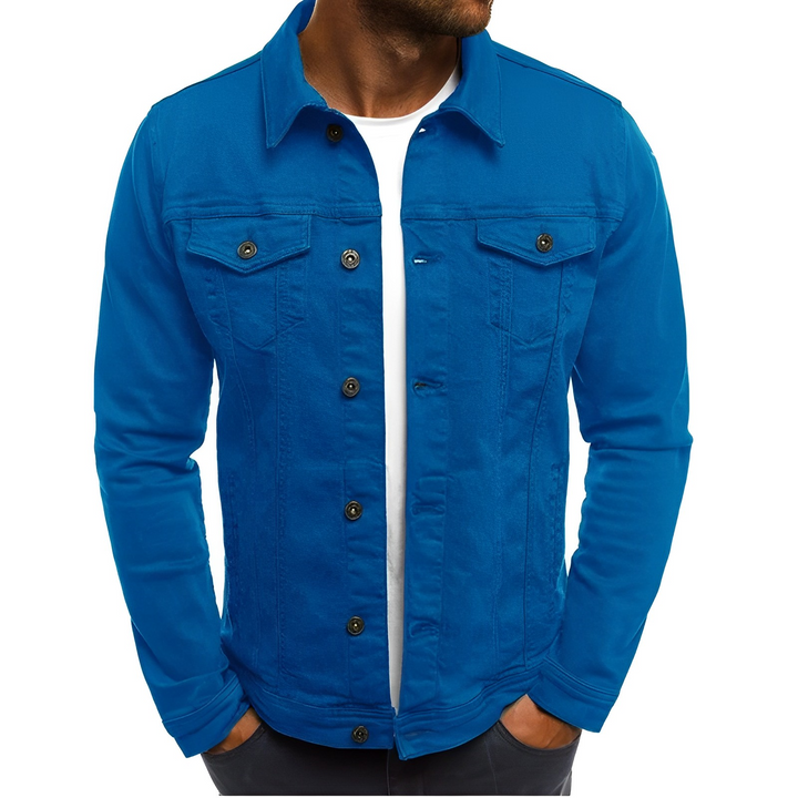 Front view of a man wearing a blue lightweight denim summer jacket, showcasing casual men's fashion.