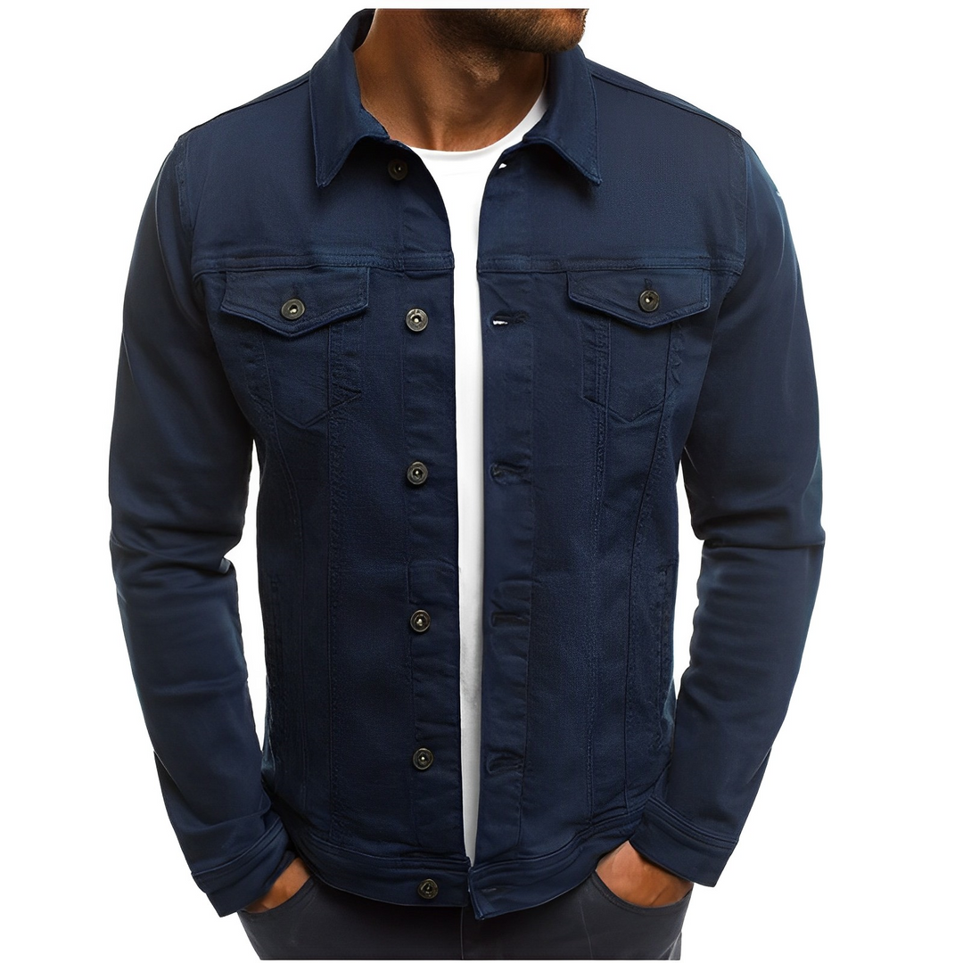 Blue lightweight men's denim jacket with button-up front and multiple pockets, suitable for summer style.