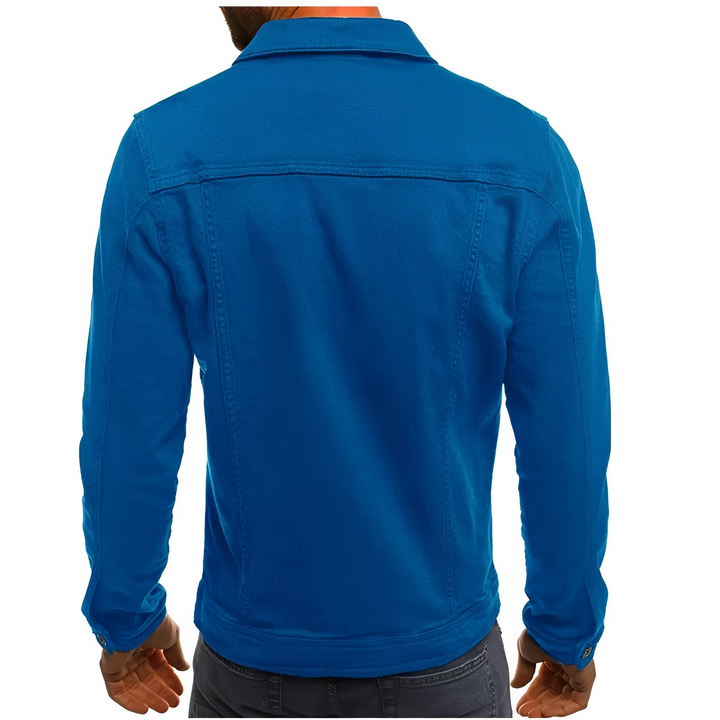 Men's summer denim jacket. Lightweight, casual button-up style. Perfect outerwear for warm weather fashion.