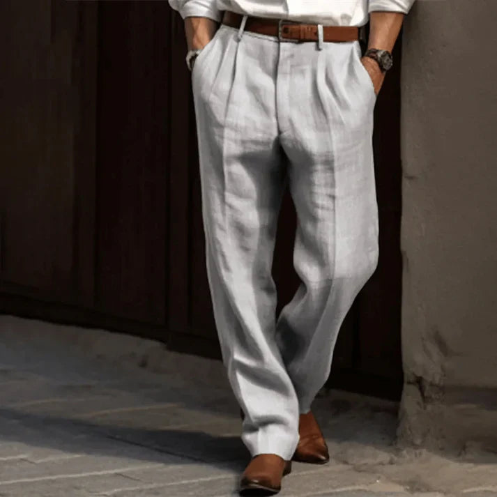 Men's lightweight double-pleated summer trousers in grey, perfect for warm weather, smart casual men's fashion.