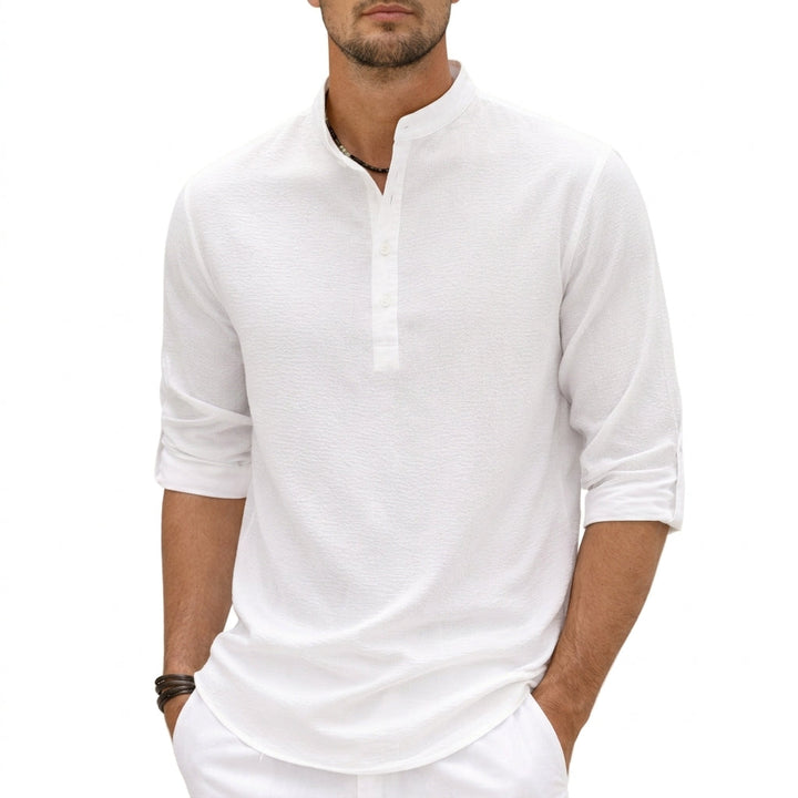 Men's lightweight grandad collar shirt, perfect for summer. Breathable button-up casual wear.