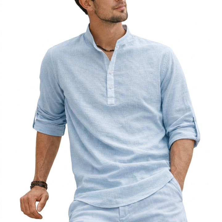 Stylish men's grandad collar shirt. Versatile lightweight top for smart casual summer outfits.