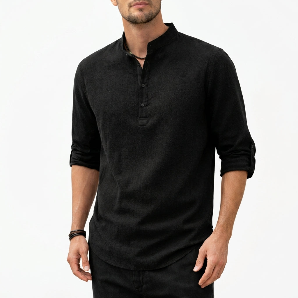 Breathable men's lightweight grandad collar shirt. Comfortable button-up for warm weather.
