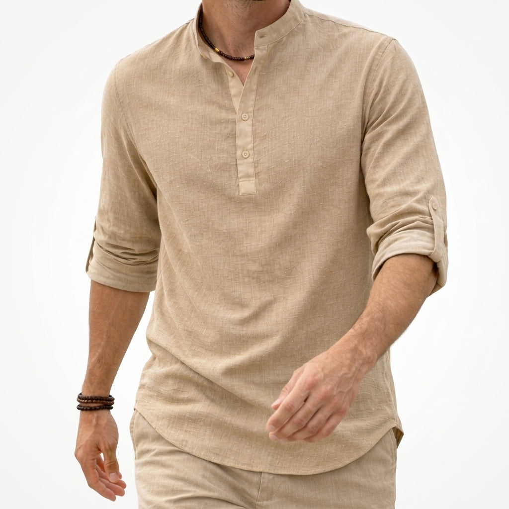 Versatile men's grandad collar shirt. Breathable, lightweight button-up perfect for smart or casual summer style.