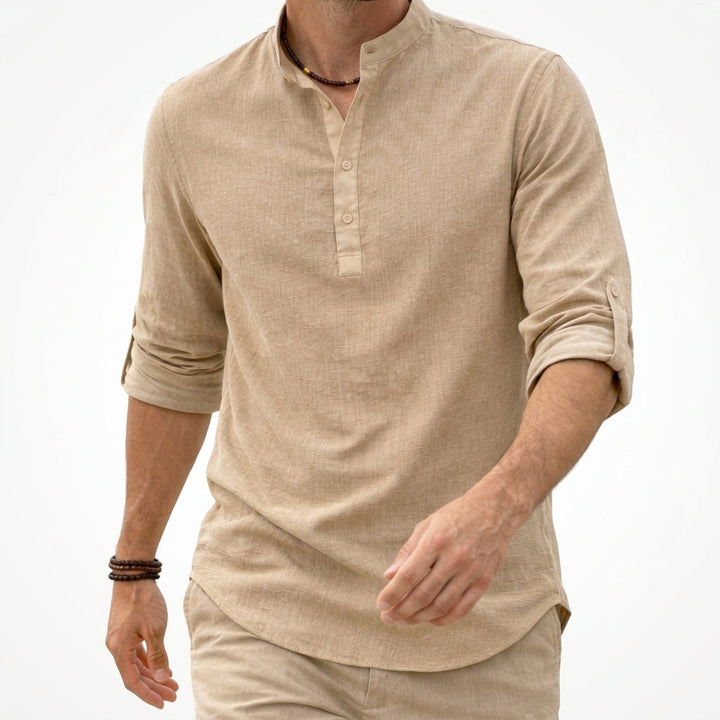 Versatile men's grandad collar shirt. Breathable, lightweight button-up perfect for smart or casual summer style.