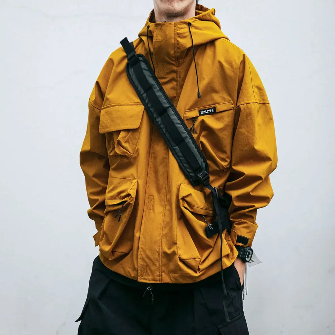 Men's lightweight hooded windbreaker jacket, black, with multi-pockets and full zip for outdoor casual wear.