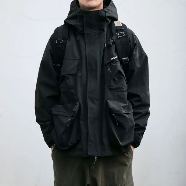 Green men's casual hooded windbreaker with multi-pockets, lightweight outerwear for outdoor adventures.